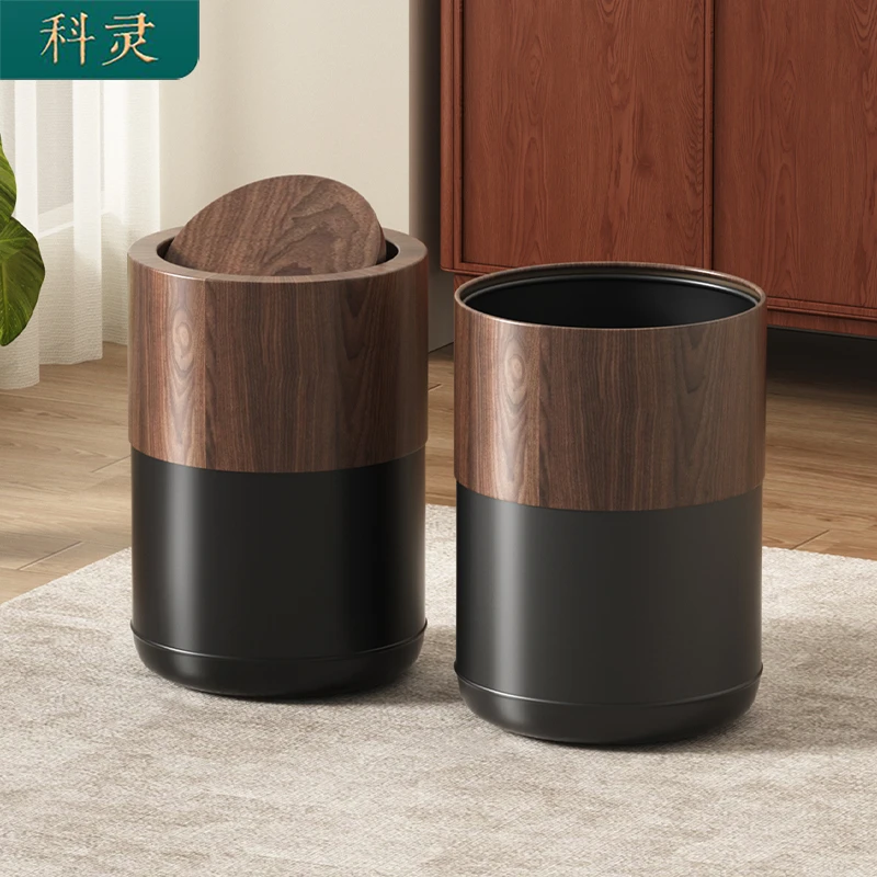 胡桃木纹圆形带盖垃圾桶家用客厅卧室复古创意高档拼接桶2025新款