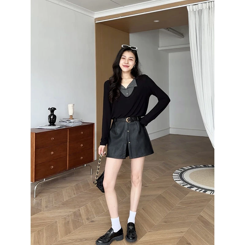 张阿星【自在腔调】韩系慵懒假两件撞色翻领上衣+拼接设计感皮裙裤