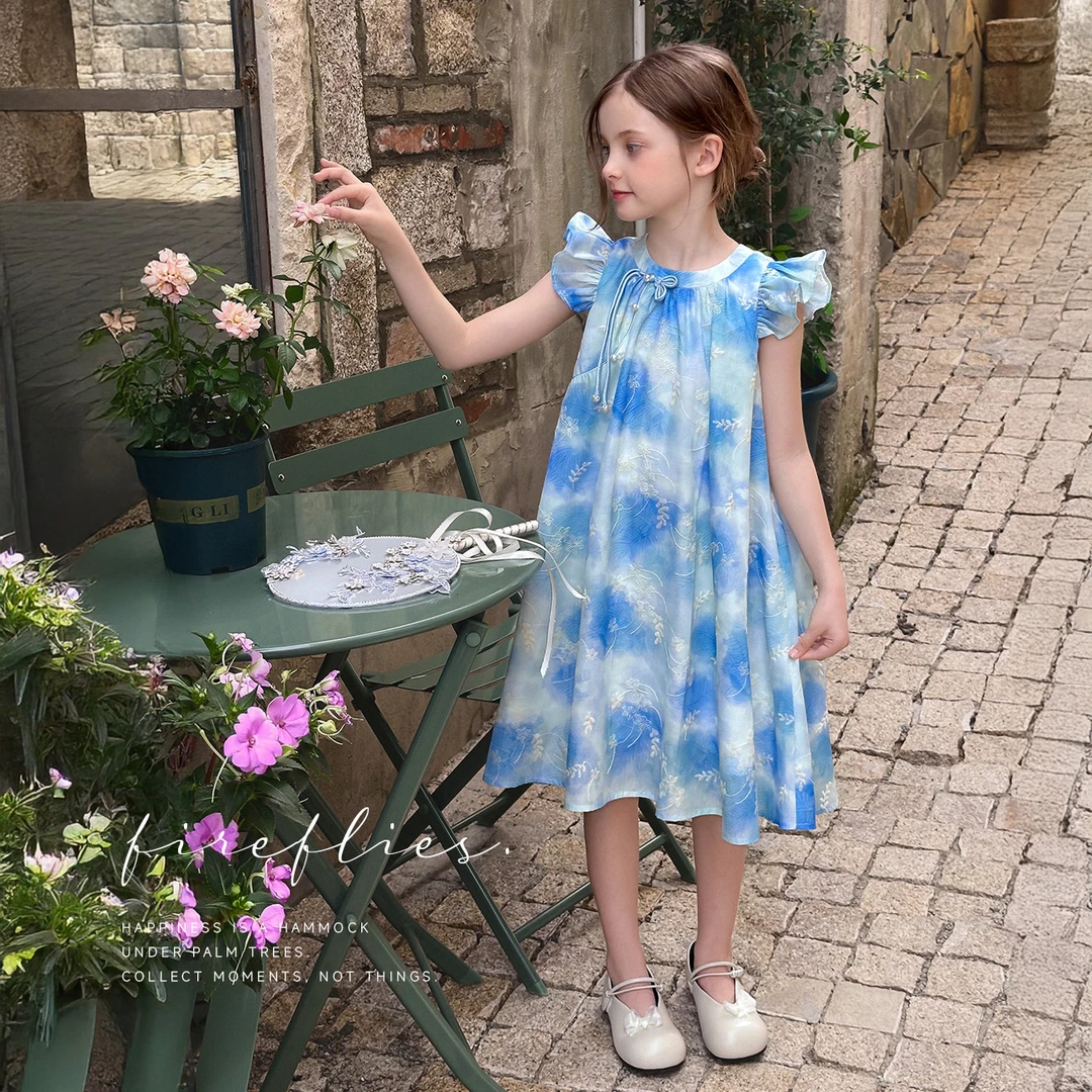 【蓝萦】蓝小爸童装女童中式连衣裙夏季洋气宝宝无袖扎染纱裙