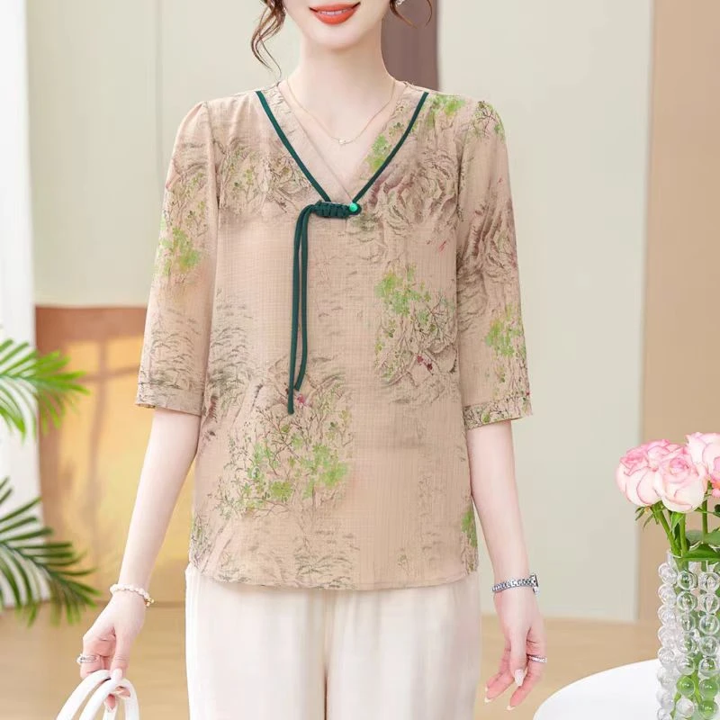 9549-夏季新款新中式中国风轻奢中袖气质妈妈装上衣（老仓库）