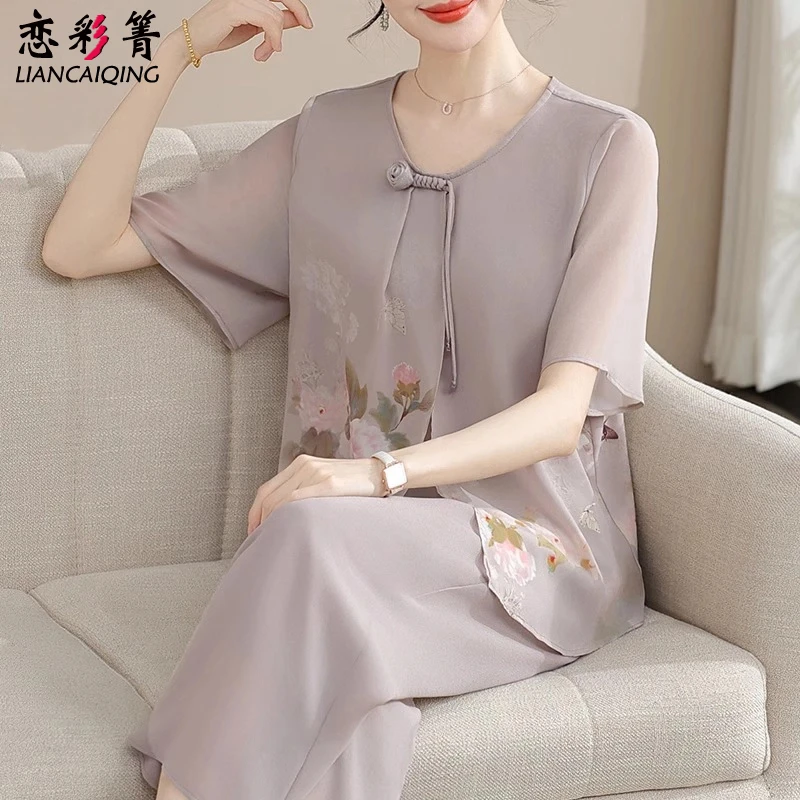 2025夏季新款中年妈妈装新中式两件套中老年女装国风短袖T恤套装