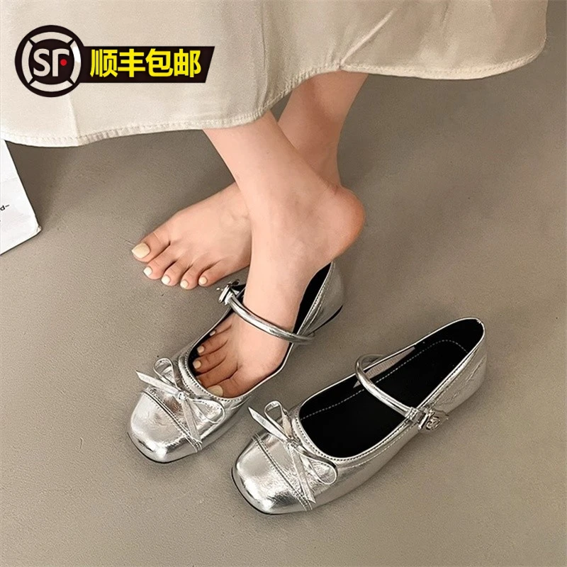 银色鞋子玛丽珍增高百搭女鞋浅口芭蕾平底单鞋2025新款春季方头鞋