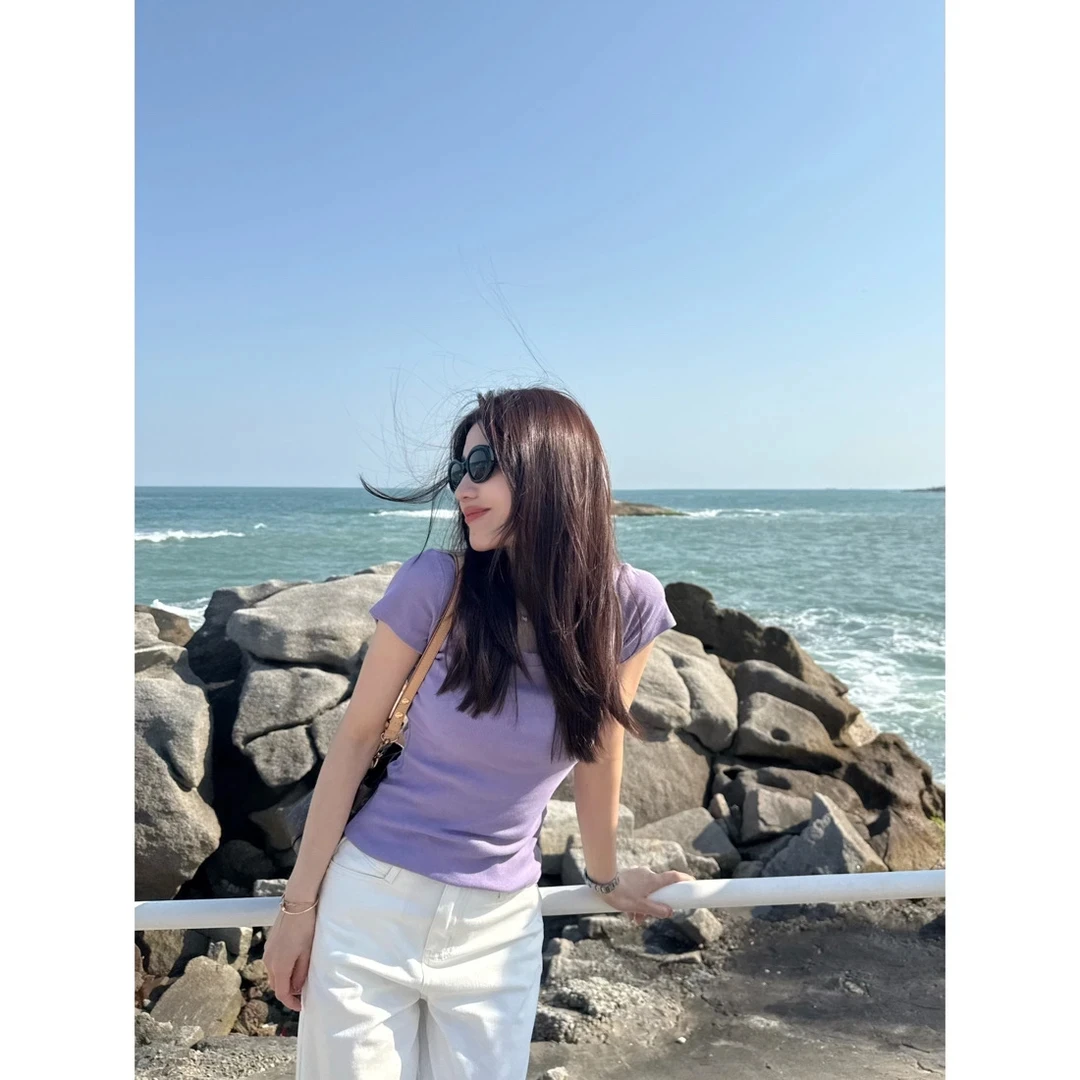 【夏日多巴胺】 夏季圆领显瘦显白修身螺纹棉短袖上衣