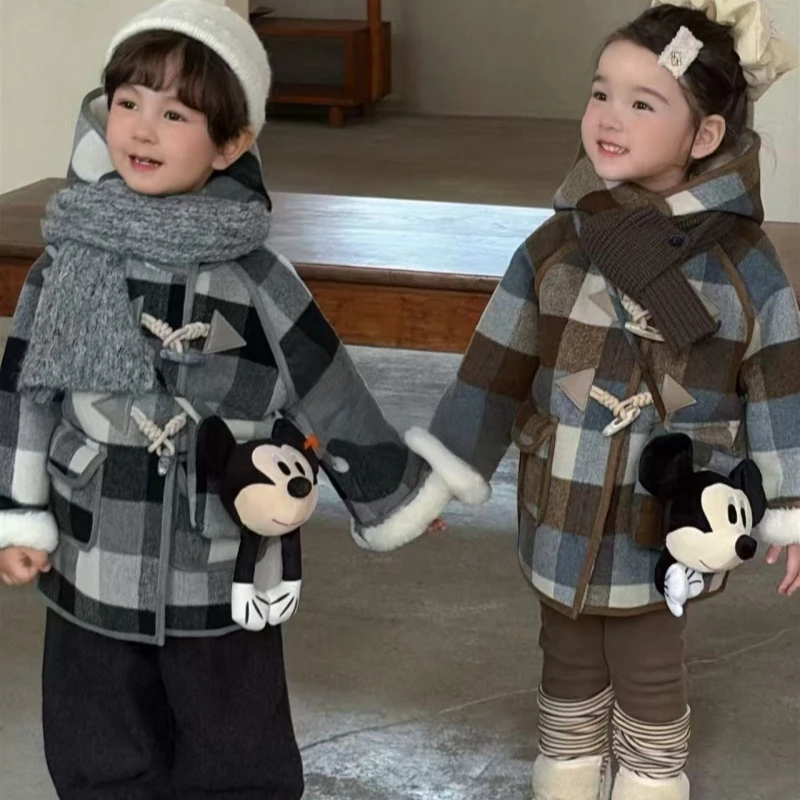 男童毛呢格子外套大衣2025新款秋冬儿童加绒加厚女宝宝中长款上衣