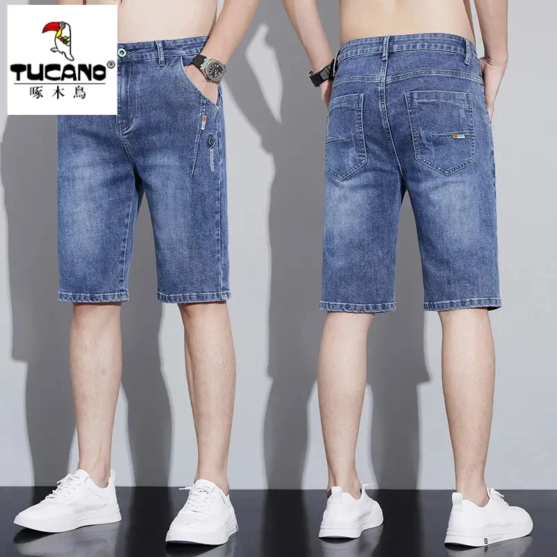 啄木鸟男士牛仔短裤宽松直筒弹力五分裤男夏季薄款休闲水洗中裤男