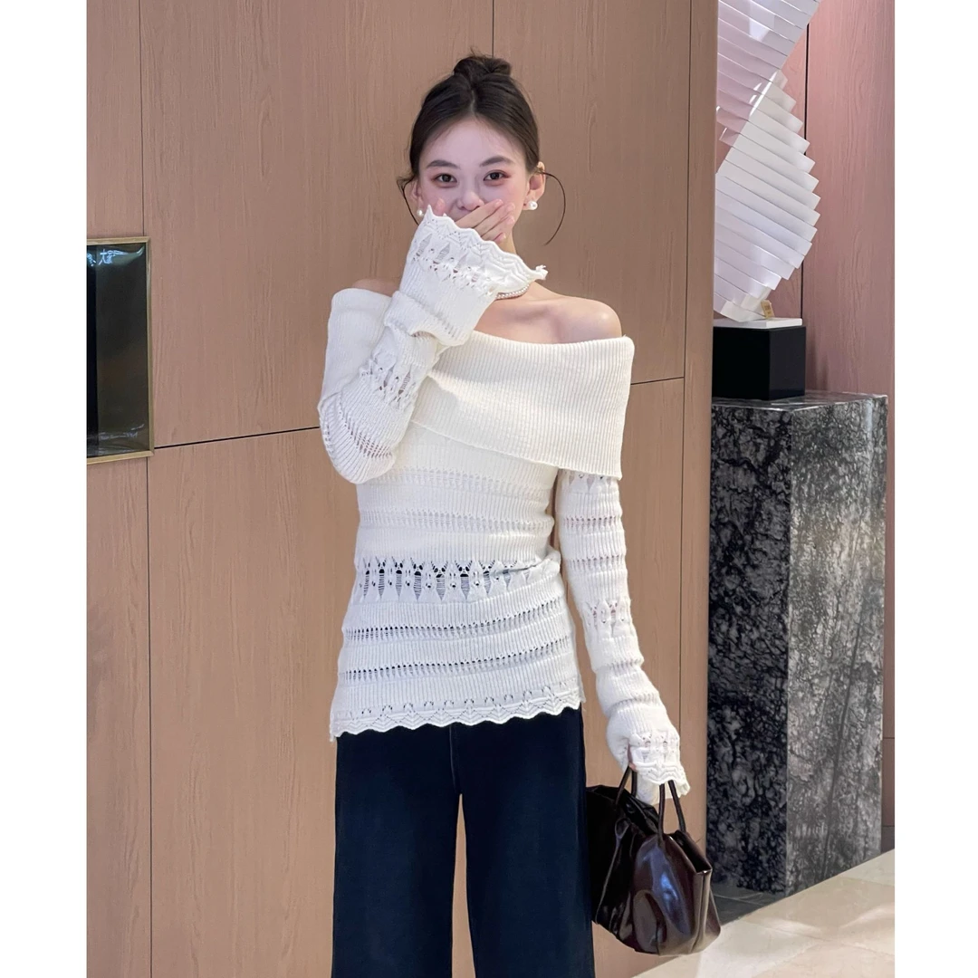 喜果【镂月盈腰】新款韩系温柔一字肩镂空收腰显瘦针织衫毛衣