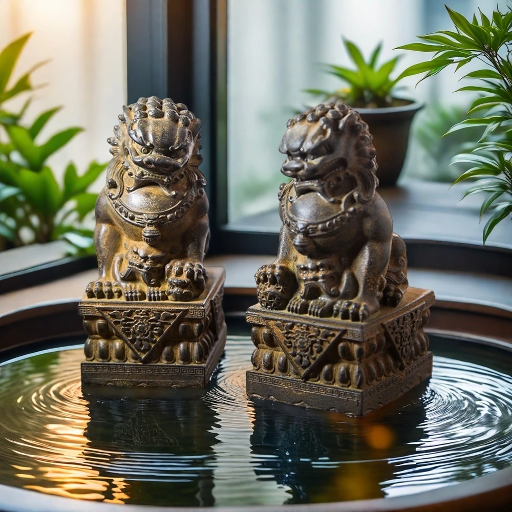 铸铁国风铁锈石狮子创意迷你桌面摆件装饰造景摆设茶宠一对工艺品