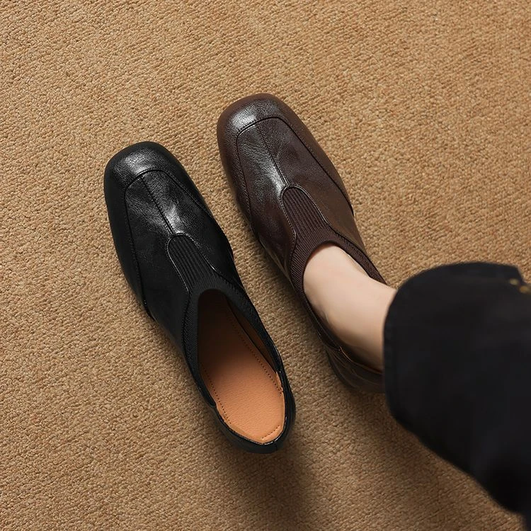 羊皮~3cm复古风棕色拼接深口单鞋粗跟软底一脚蹬英伦风真皮奶奶鞋