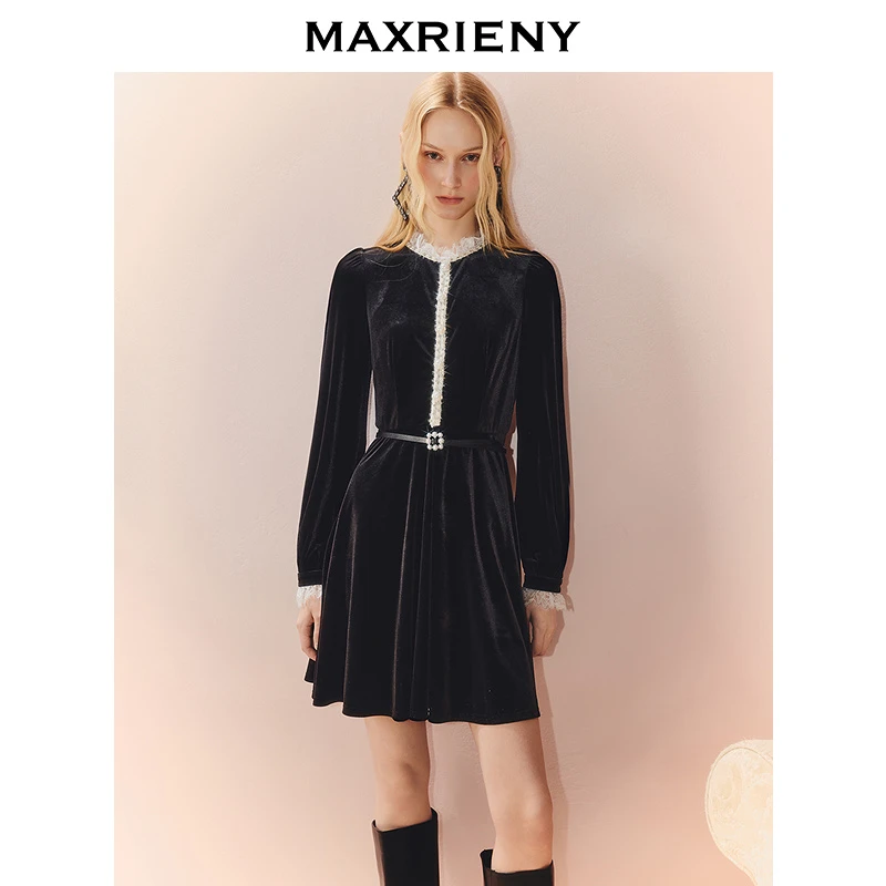 MAXRIENY法式复古X型收腰丝绒连衣裙拼接蕾丝25秋款赫本风气质裙