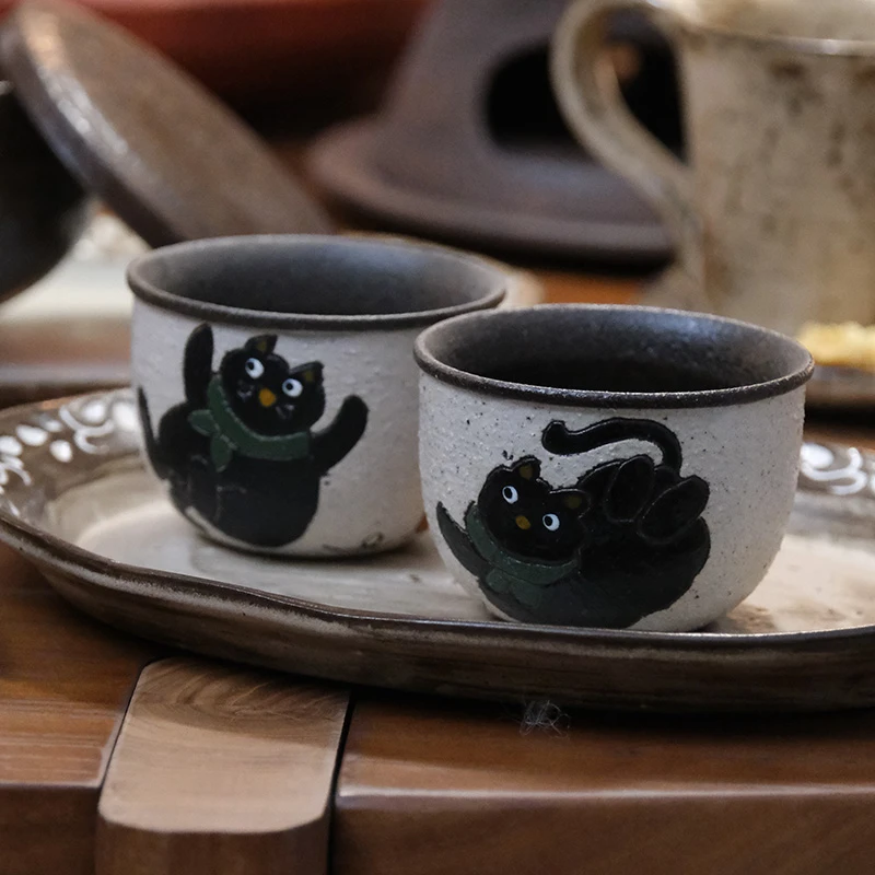 《悦野Studio》手工小杯子 小黑猫 粗陶蛋杯