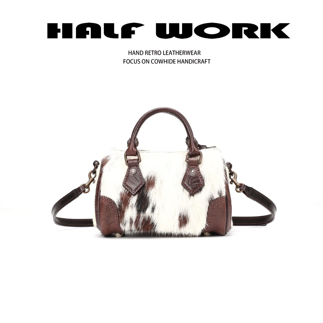HALF WORK/伴工新款高定雕花奶牛头层牛皮手提斜跨波士顿KB-3260