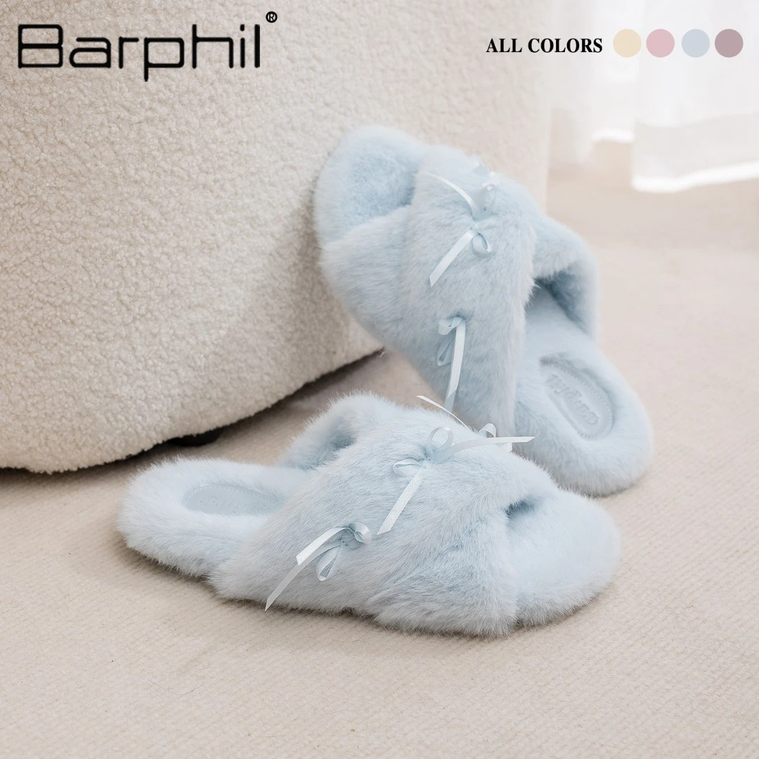 Barphil拖鞋女2025新款秋季室内家居甜美可爱蝴蝶结交叉带毛拖鞋
