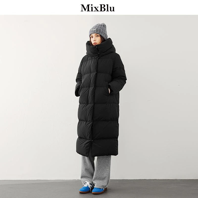 Mixblu简约风纯色中长款羽绒服女2024年冬季新款通勤百搭立领外套