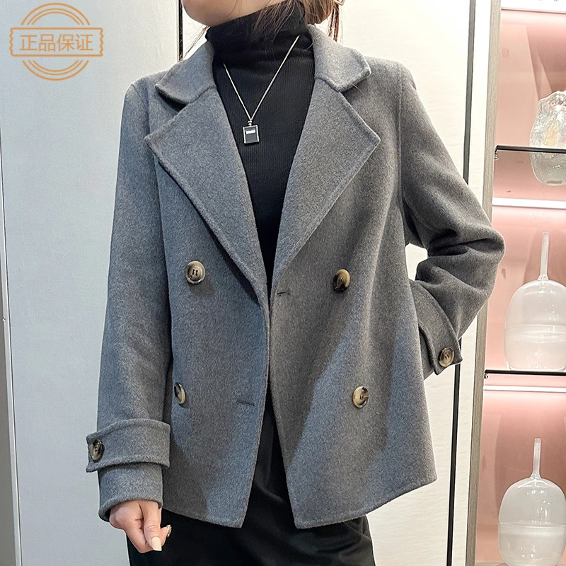 新款双面羊绒大衣女赫本风短款小个子纯羊毛呢外套西装领高端气质