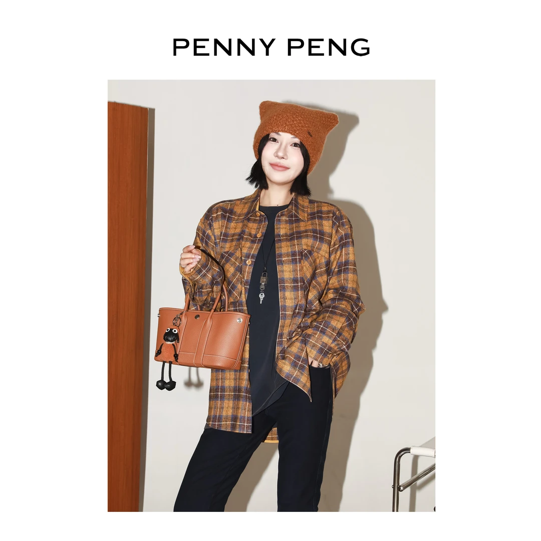 PENNYPENG 复古胶片 极简宽松松弛落肩经典休闲翻领格纹长袖衬衫