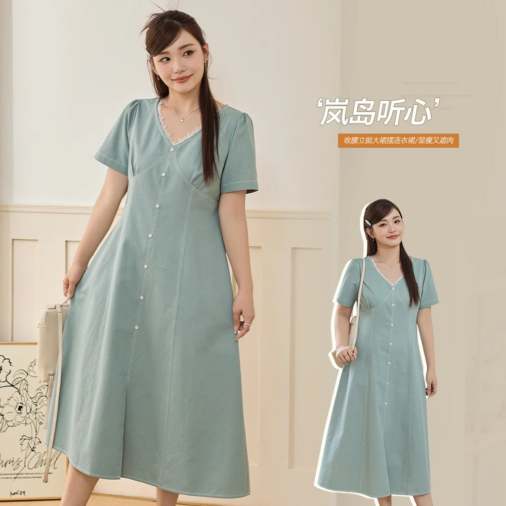 大码法式浅蓝色牛仔连衣裙夏季胖MM显瘦a字收腰长裙气质短袖裙子