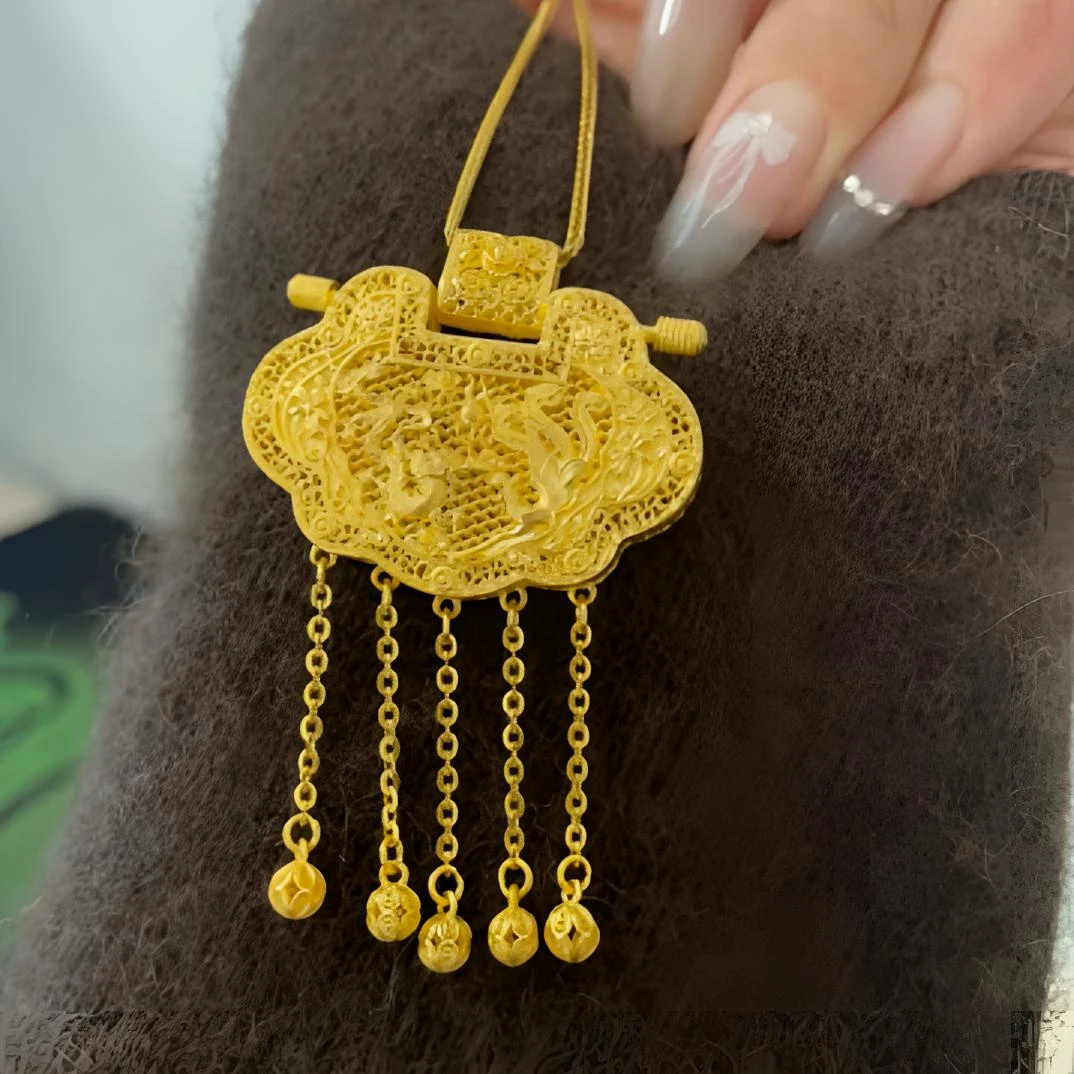 合金吊坠 项链饰品挂坠古法精致天子门生龙凤吉祥手工流苏锁包