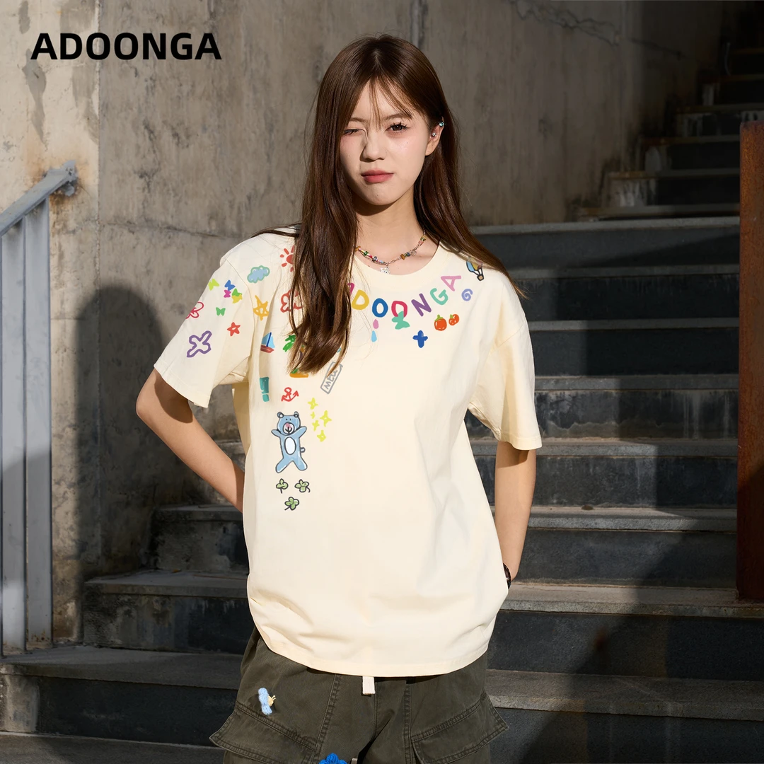 ADOONGA原创烫画潮流圆领短袖t恤男女同款夏季纯棉透气宽松百搭