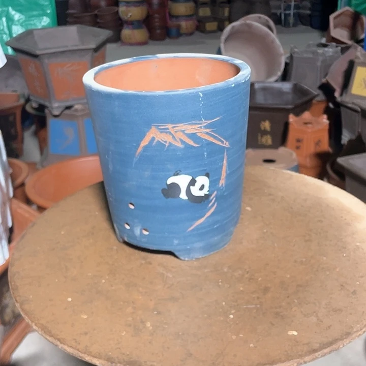 蓝刻绘熊猫小花盆花盆