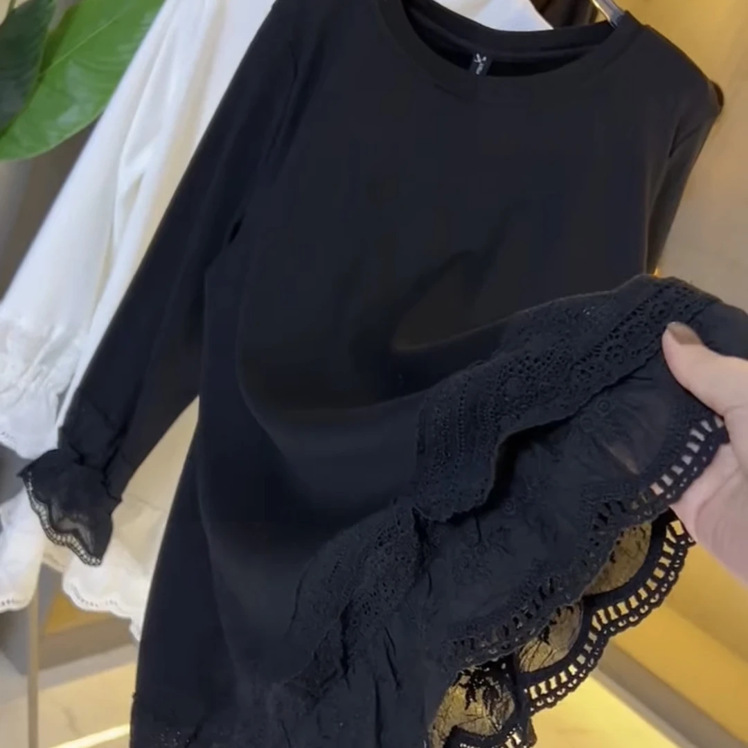 抗起球合身长袖女蕾丝千金风T恤针织黑色中长款5290