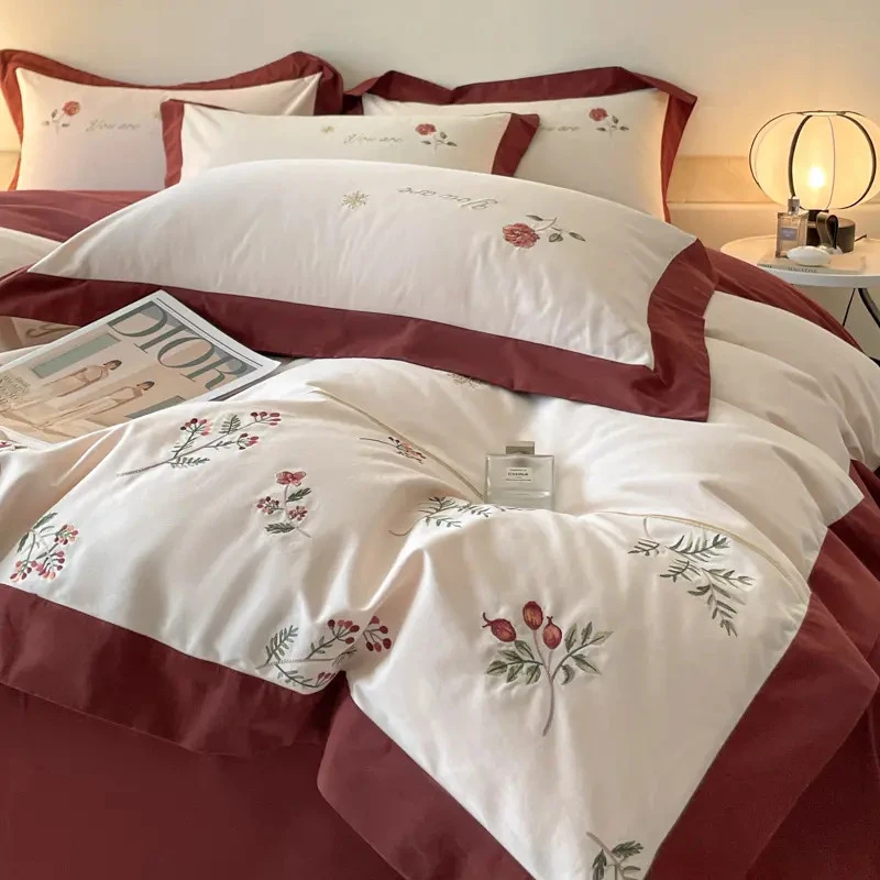 富安娜新款高档春夏A类纯棉四件套刺绣花卉被套罩轻奢风100%全棉