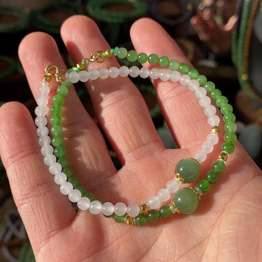 和田玉手链未镶嵌碧玉配白玉一对手链