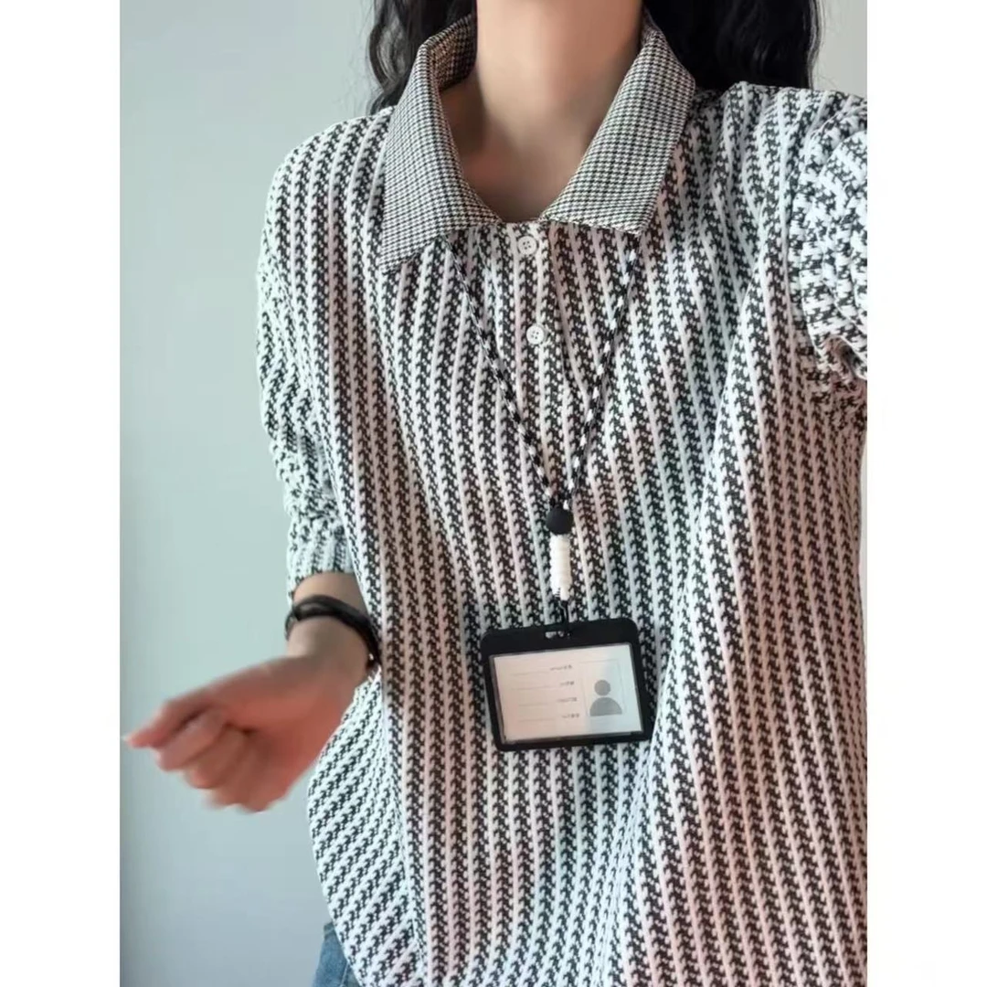 美式复古polo领卫衣男高级感鱼骨纹t恤长袖打底衫秋季宽松上衣潮