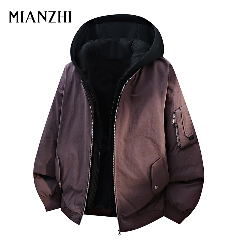 棉致美式连帽假两件羽绒服男士宽松加肥加大码冬季保暖白鸭绒外套