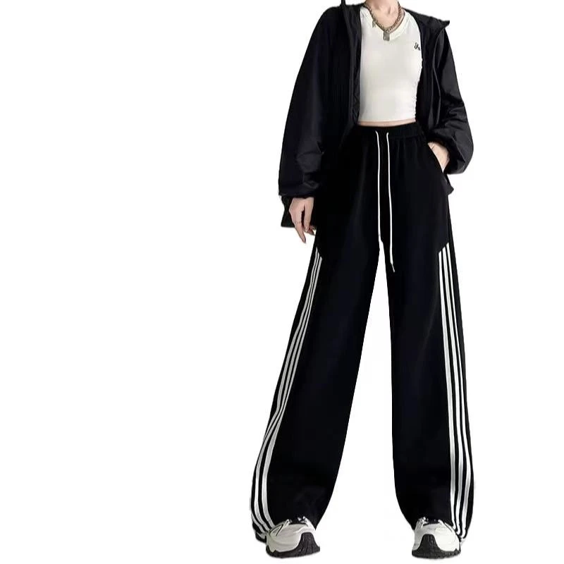 美式复古撞色三条杠阔腿显瘦百搭休闲运动卫裤
