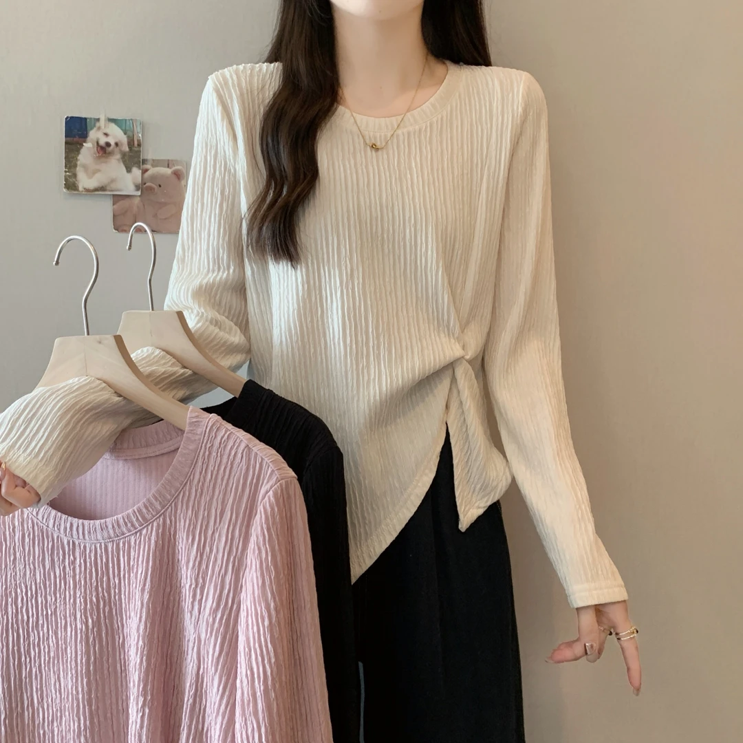 秋装女款爆款2025新款胖mm大码设计感长袖T恤不规则收腰正肩上衣