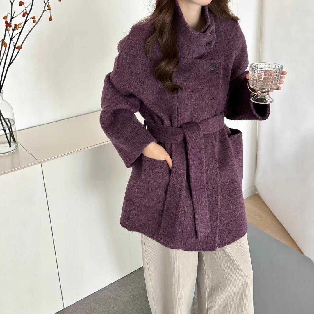 8008秋冬新款法式气质高级感慵懒显瘦立领系带双面羊毛外套大衣