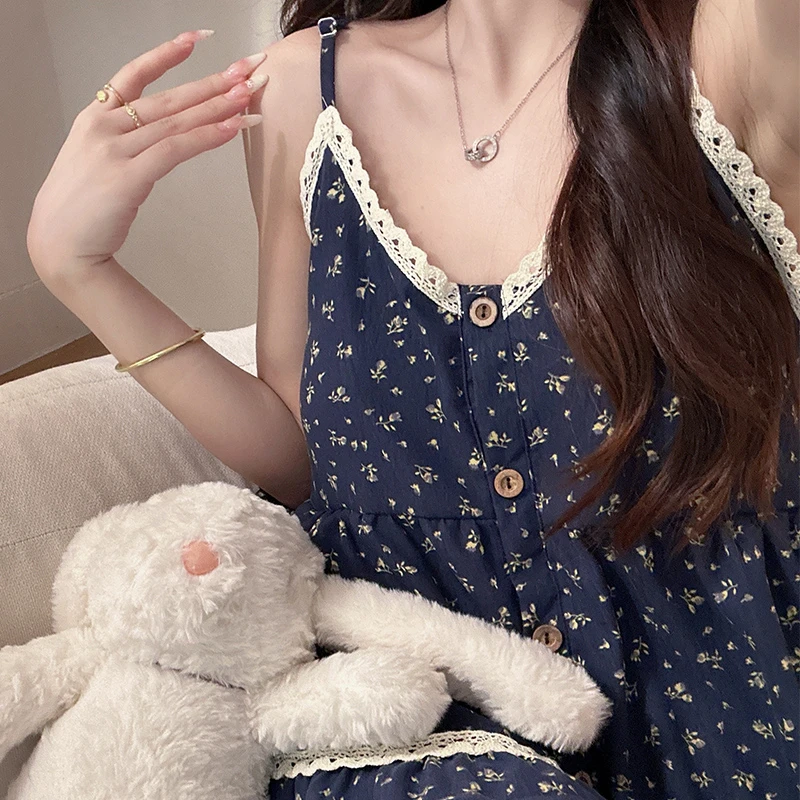 韩版碎冰蓝吊带带胸垫吊带睡衣女薄款夏季三件套装短裤长裤家居服