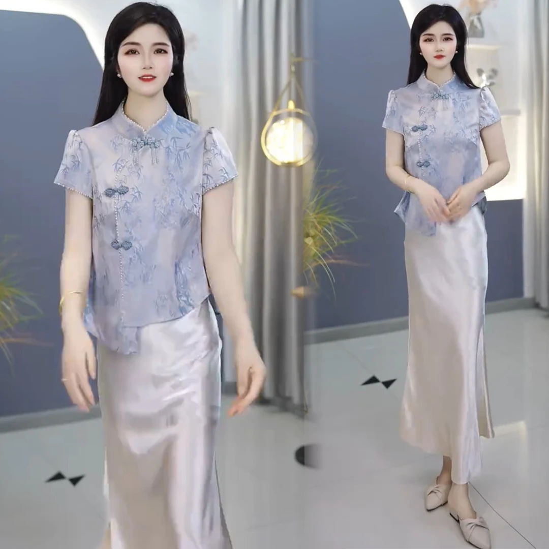 古韵江南新中式国风衬衫女2025夏季新款洋气减龄立领不规则短袖潮