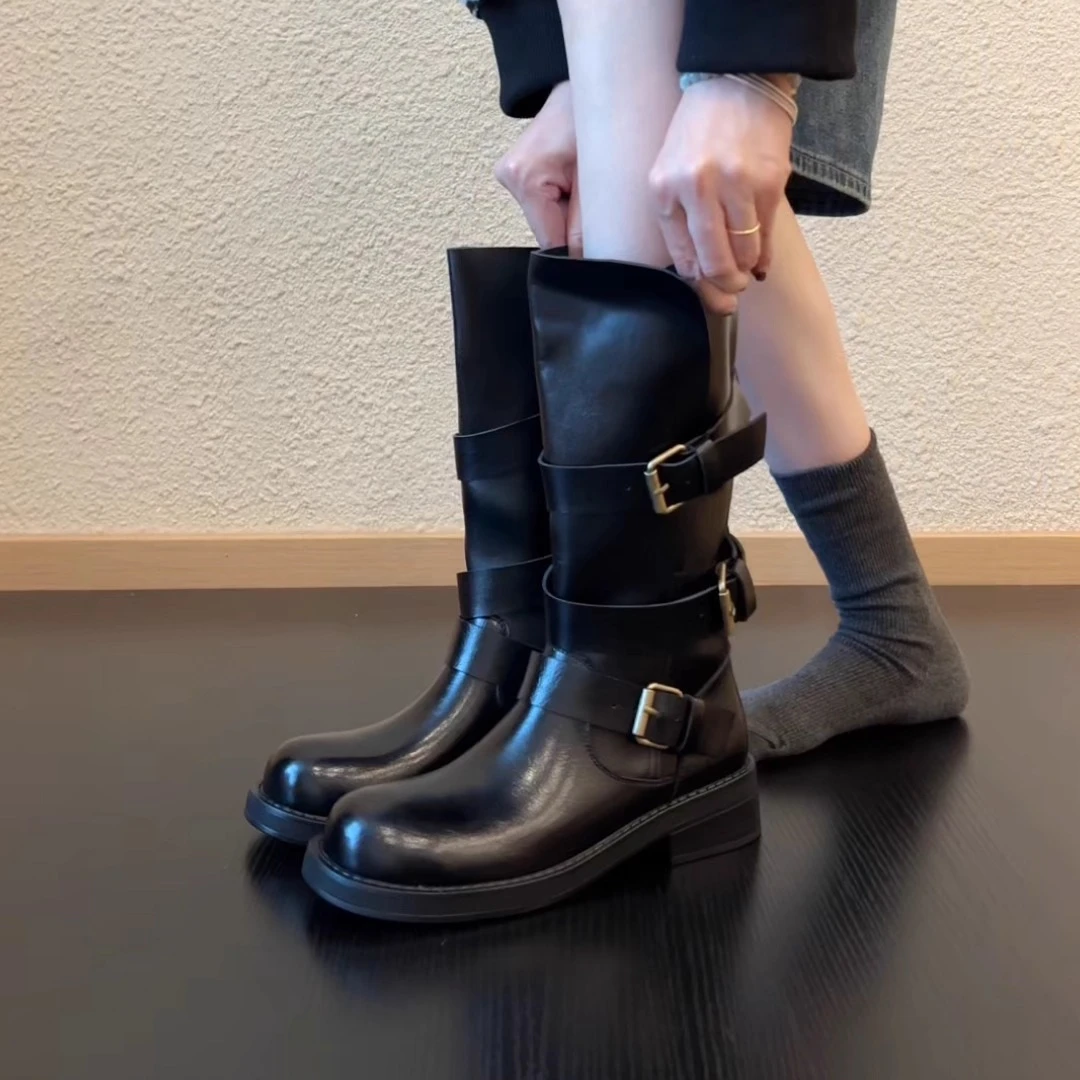 Pokoy-4cm皮带扣女百搭气质复古不过膝骑士靴中筒靴子