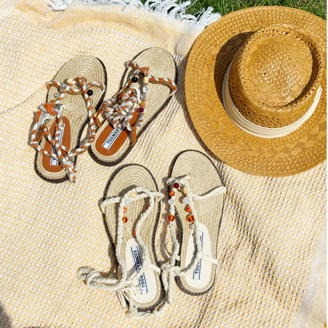 Toomanyshoes拖鞋甜度超标、糖果碎块夹脚人字拖草编平底凉拖