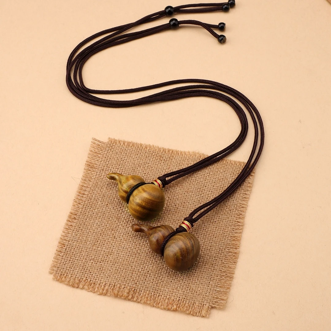【绿檀葫芦】吊坠项链天然原木质古风毛衣链长款新中式挂件棉麻挂件