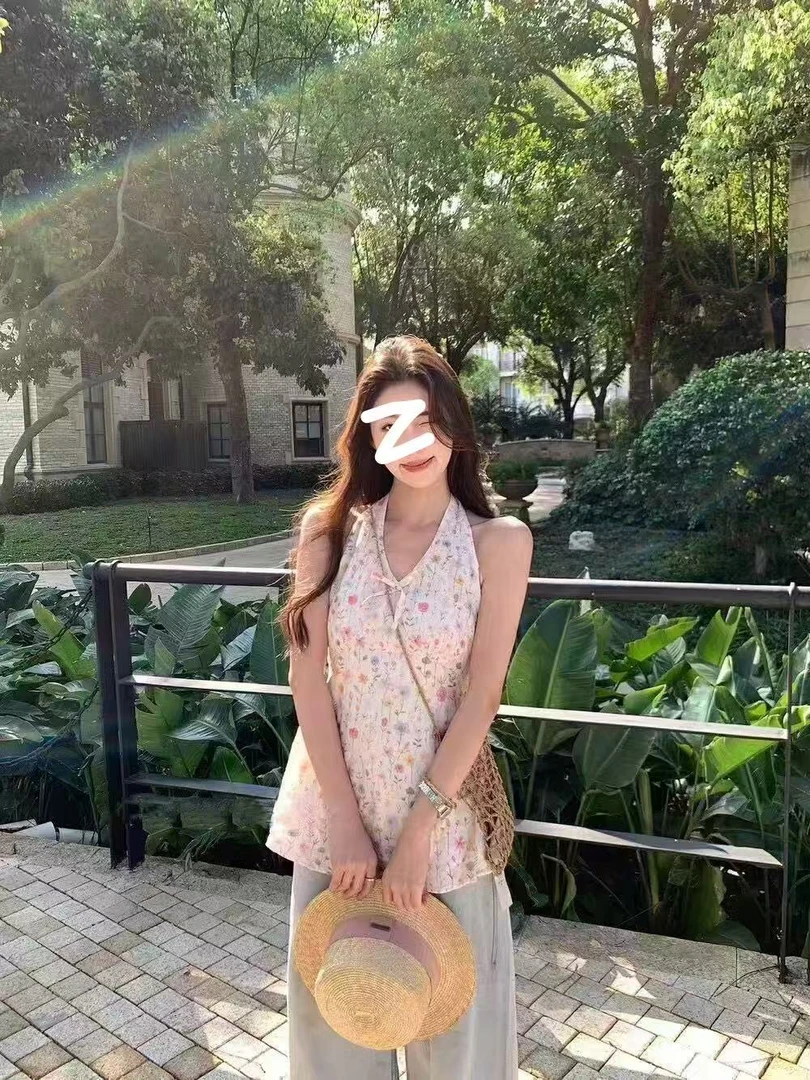 复古碎花无袖背心衬衫女2025夏季新款设计感小众修身显瘦上衣9015