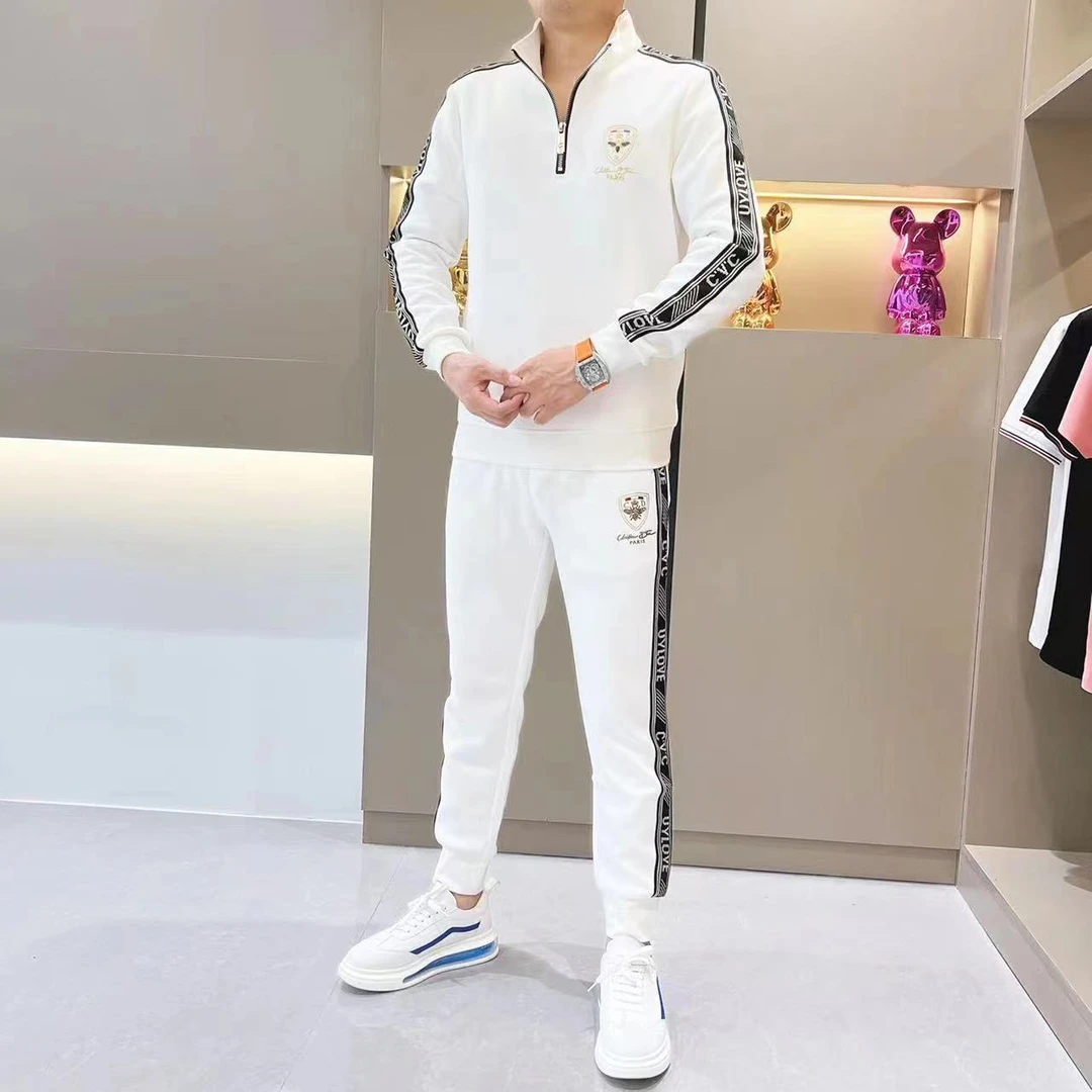 高档男士休闲套装2025新款潮流时尚欧版印花时尚半拉链卫衣休闲裤
