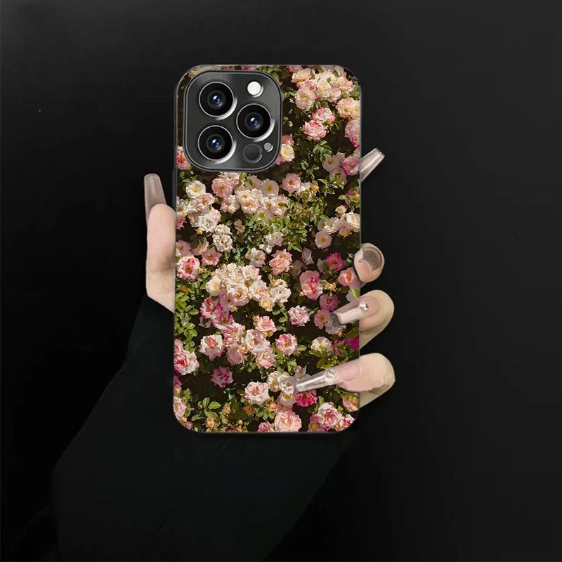 蔷薇花丛适用苹果vivo华为oppo小米iPhone17电镀玻璃防摔手机壳