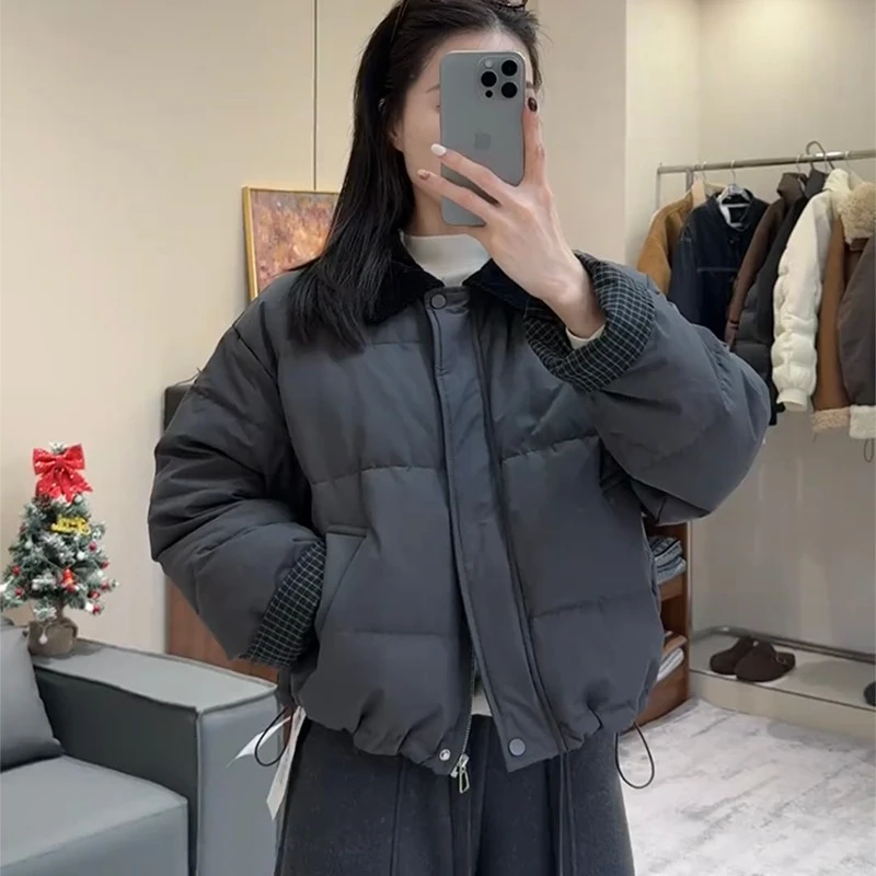 纯色女常规保暖拼接厚款翻领棉服时尚网红休闲韩版短款百搭加厚