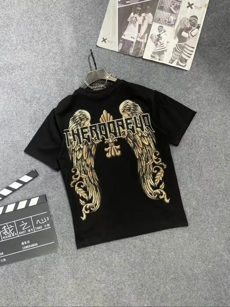 11932新款十字翅膀百搭重工宽松高奢烫钻字母圆领潮牌T恤时尚半袖