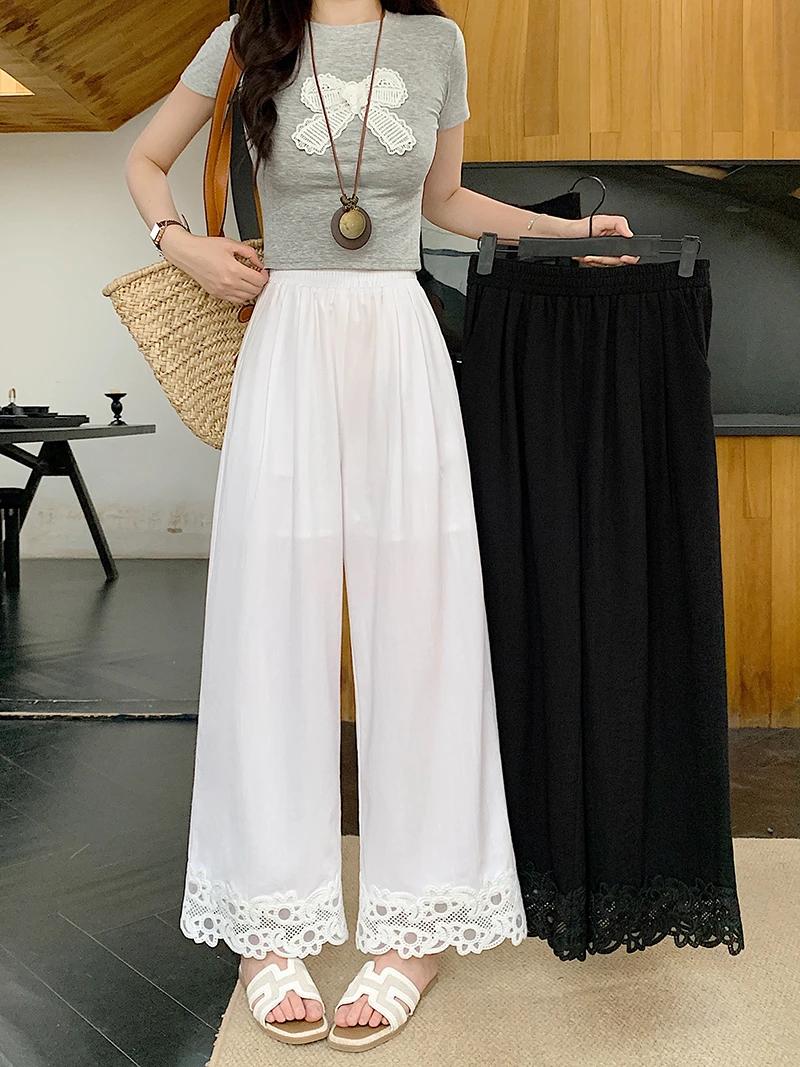 【鱼白专属】【运补6-10】2025新款休闲垂坠感拼接蕾丝花边阔腿裤