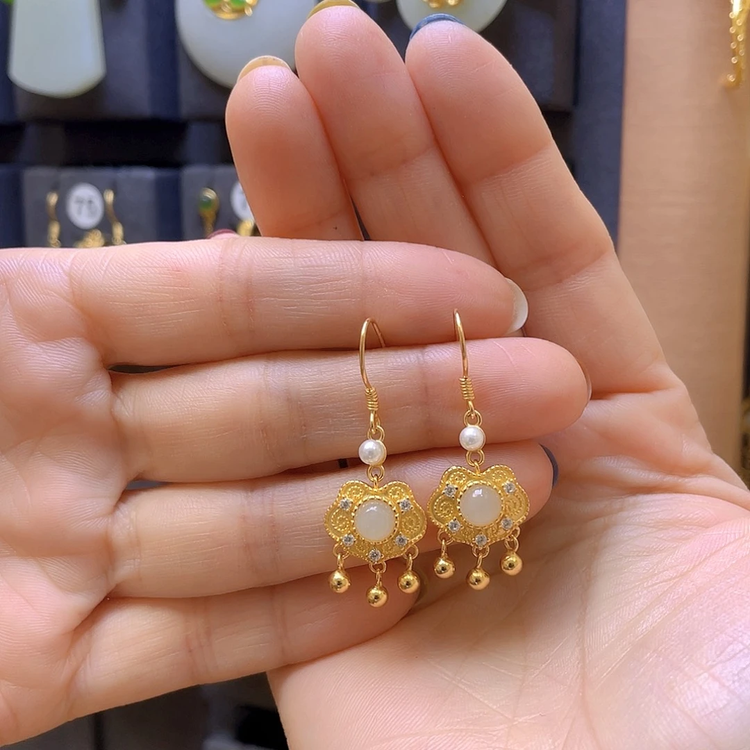 和田玉银S925镀金镶嵌耳饰