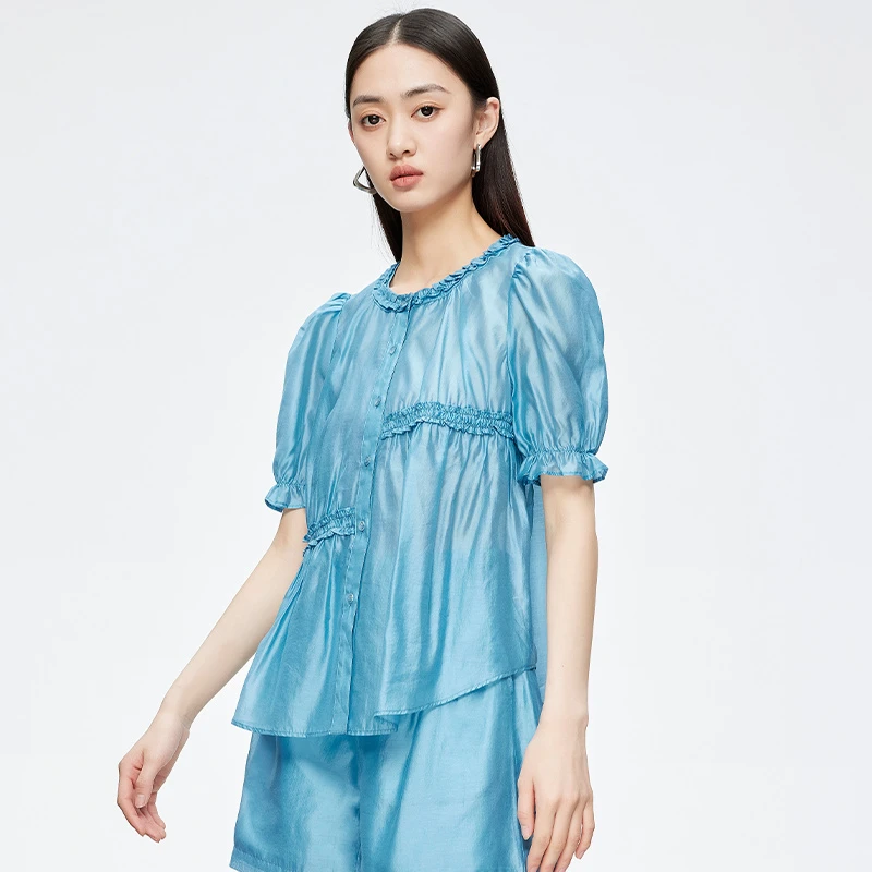 圆领短袖轻薄衬衫女152H1155