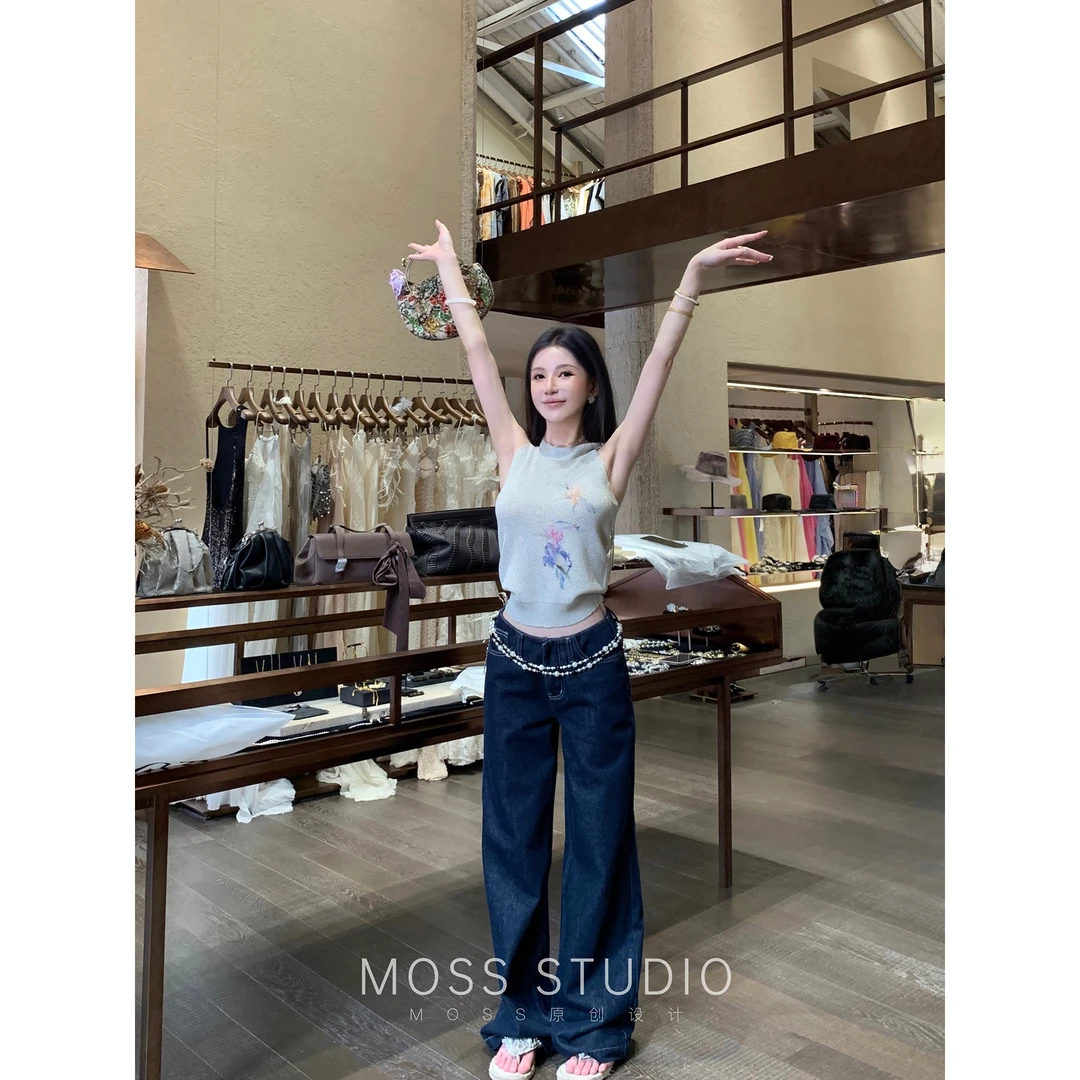 MOSS STUDIO 【花浔】新中式露肩上衣+低腰牛仔裤套装女