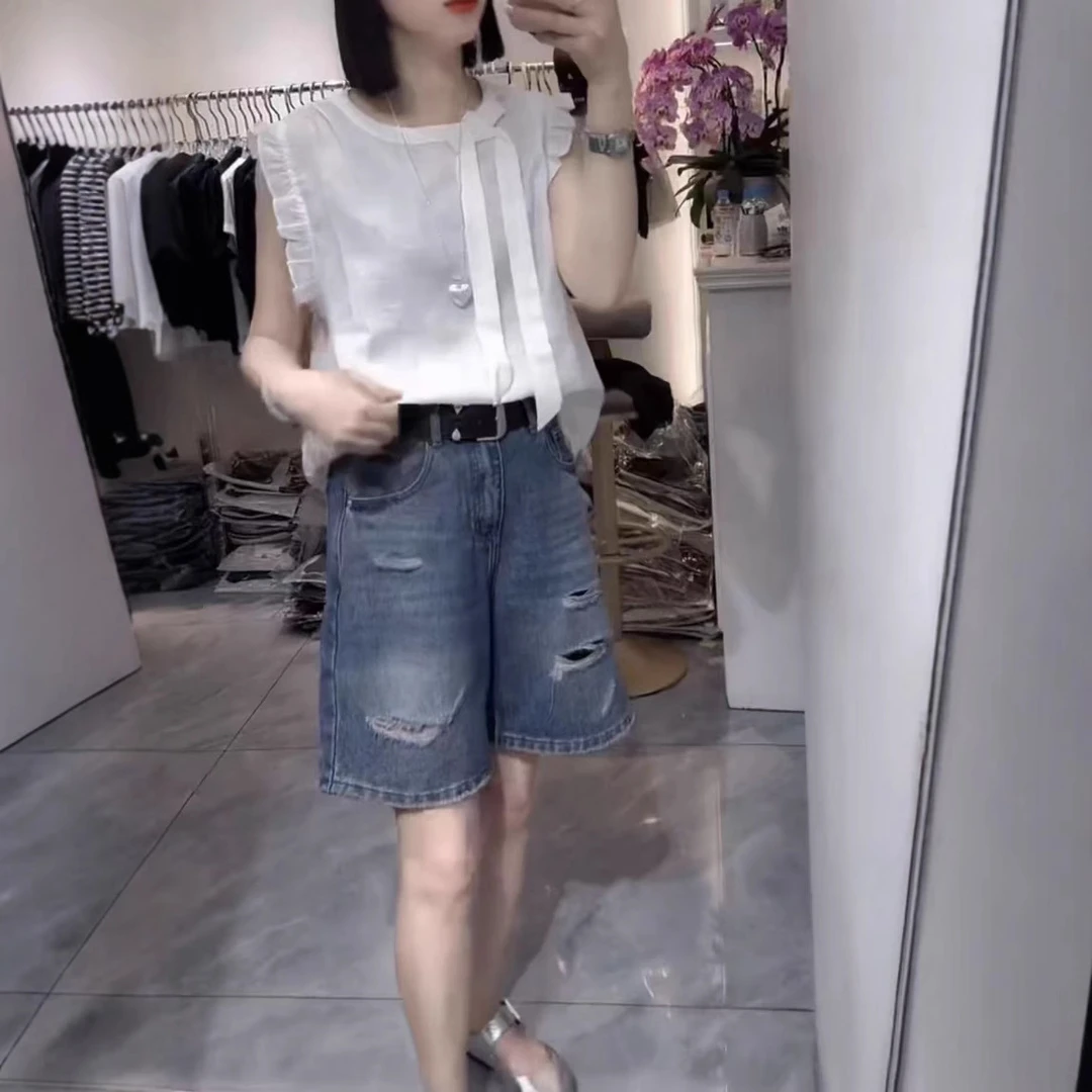 夏季新款韩版减龄无袖衬衫高腰牛仔短裤潮