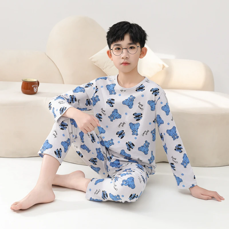 男孩纯棉长袖睡衣男童家居服初中生青少年春秋休闲套装薄款空调服