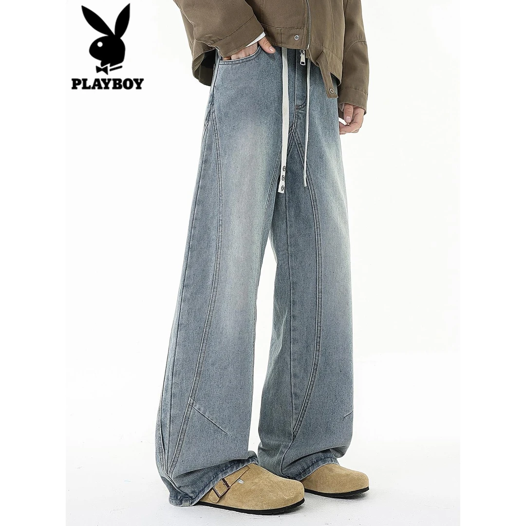 花花公子解构拼接牛仔裤男士秋季潮牌美式高街宽松直筒阔腿裤子男