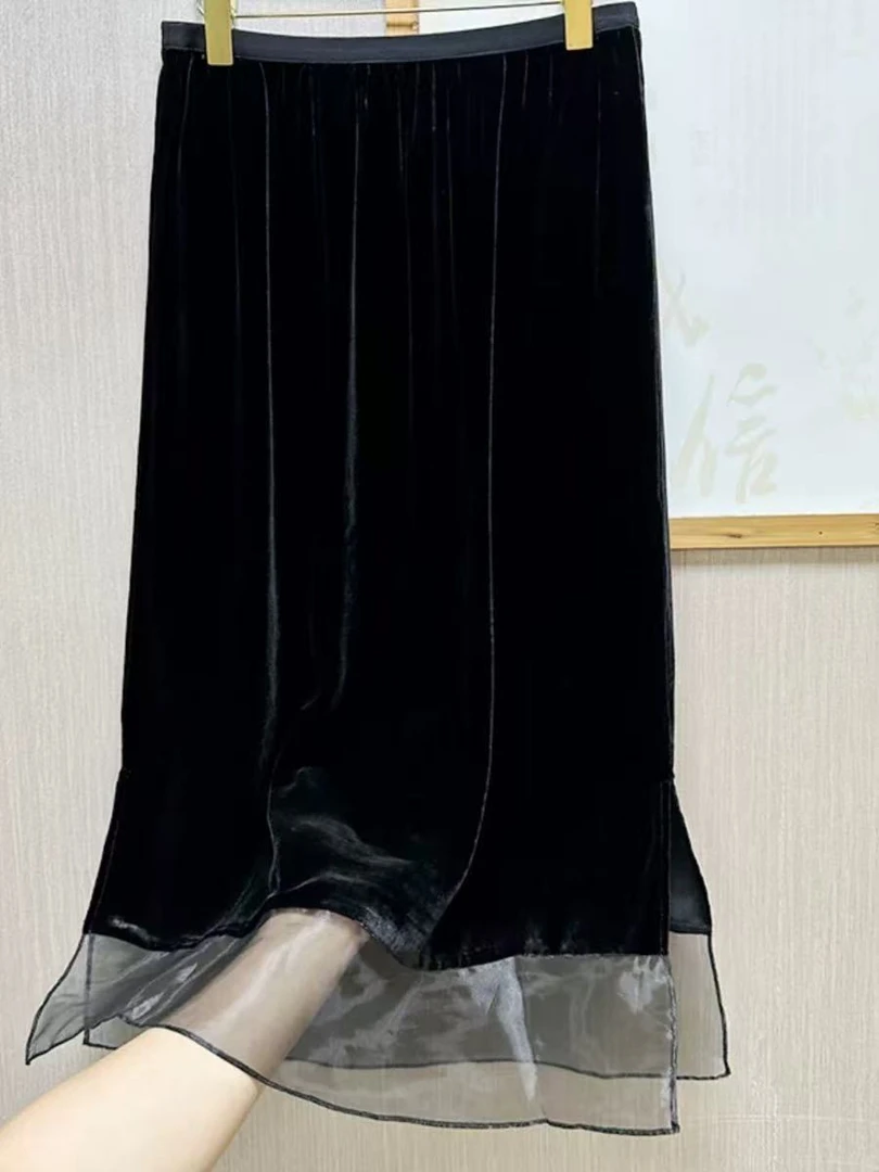 5022女士新款宽松遮肉法式拼接两边开叉半身裙