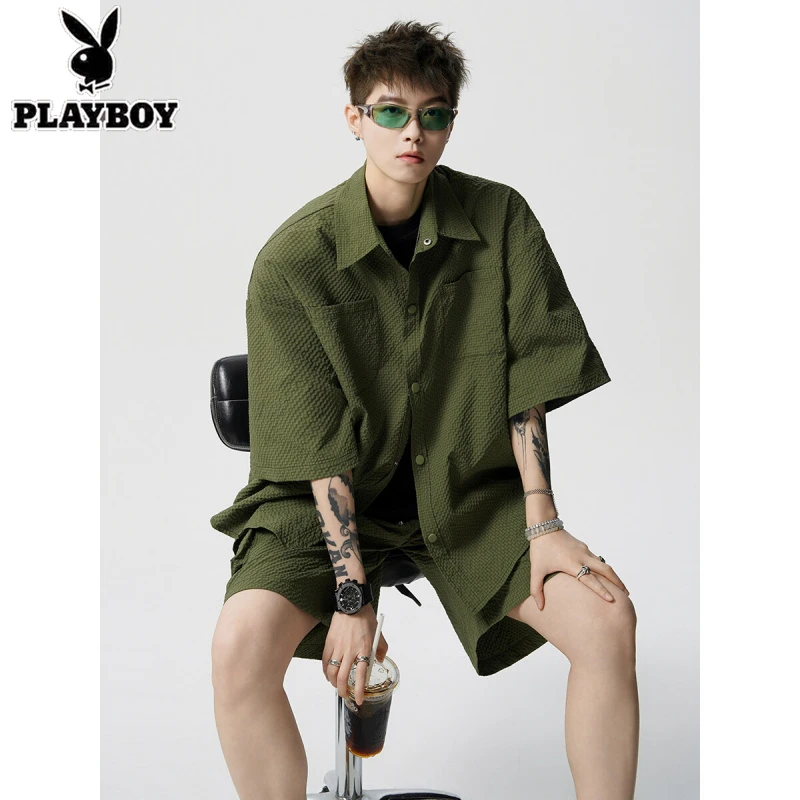 日系速干泡泡纱套装男夏季户外宽松休闲工装高品质衬衫短裤两件套